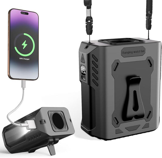 Portable Waist Fan Clip 5-Speed Personal Cooling Fan 10000Mah Rechargeable up to 24 Hours Wearable Belt & Neck with LED Light Portable..Charger Flashlight