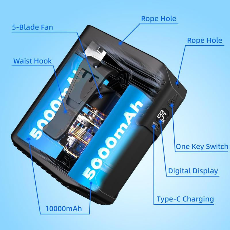 Portable Waist Fan Clip 5-Speed Personal Cooling Fan 10000Mah Rechargeable up to 24 Hours Wearable Belt & Neck with LED Light Portable..Charger Flashlight