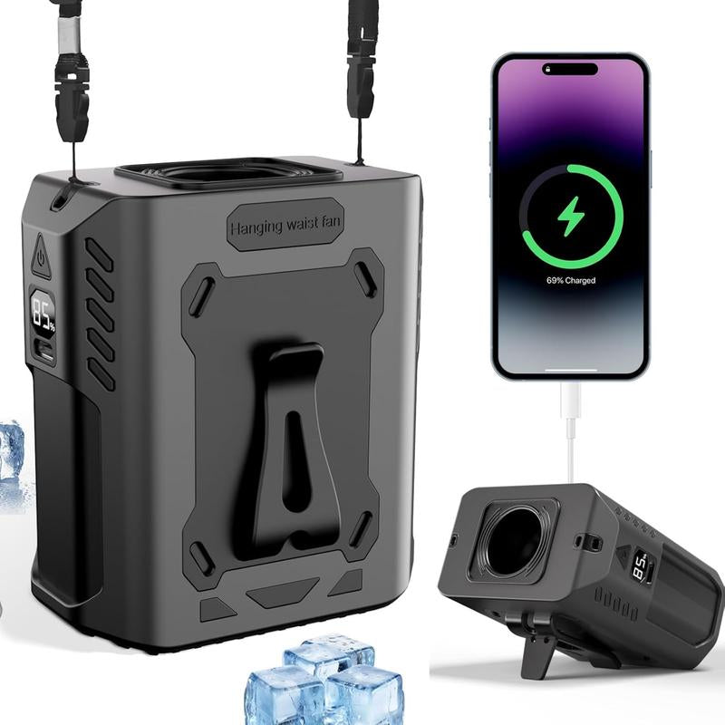 Portable Waist Fan Clip 5-Speed Personal Cooling Fan 10000Mah Rechargeable up to 24 Hours Wearable Belt & Neck with LED Light Portable..Charger Flashlight
