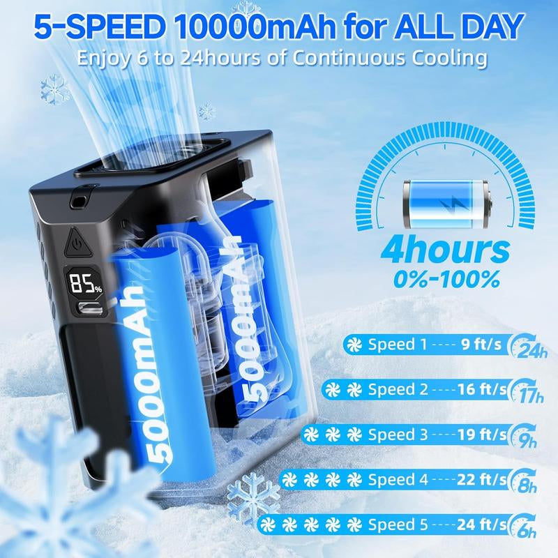 Portable Waist Fan Clip 5-Speed Personal Cooling Fan 10000Mah Rechargeable up to 24 Hours Wearable Belt & Neck with LED Light Portable..Charger Flashlight